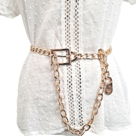 Gold boho chunky chain link metal waist square buckle statement Y2k dress belt - Picture 1 of 11